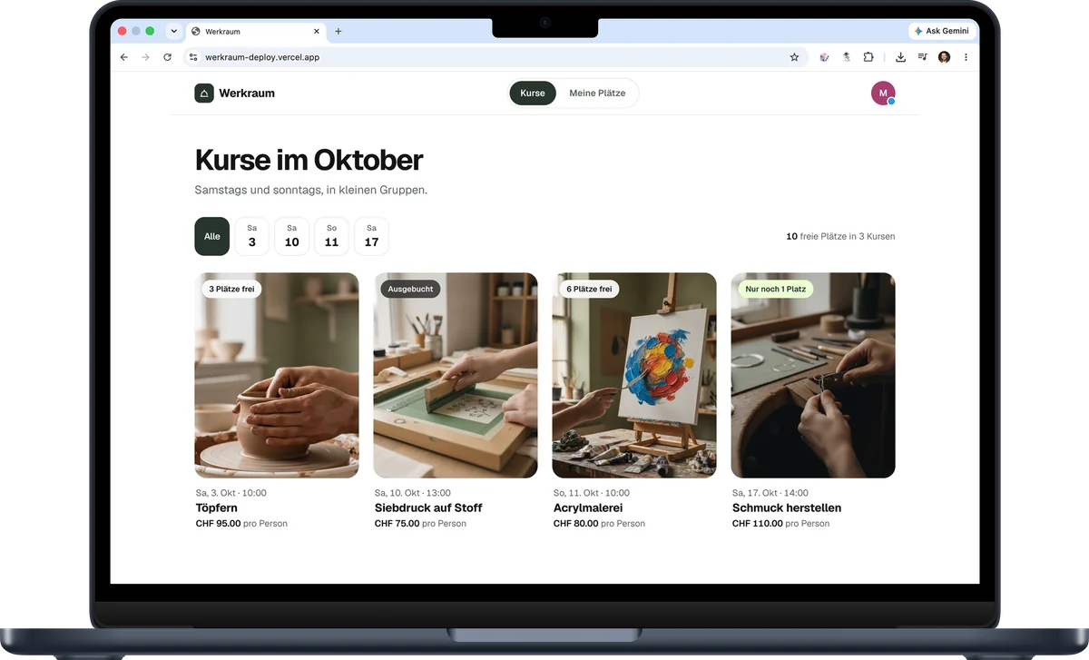 MacBook mit der gebauten App «Werkraum»: Kurse im Oktober mit freien Plätzen und Preisen.