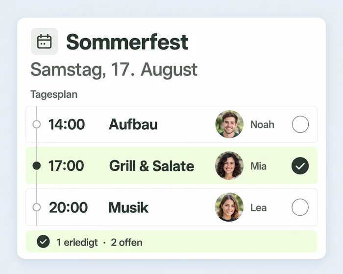Beispiel-App «Sommerfest» für Samstag, 17. August: Tagesplan mit Aufbau um 14 Uhr (Noah), Grill und Salate um 17 Uhr (Mia, erledigt) und Musik um 20 Uhr (Lea). 1 erledigt, 2 offen.